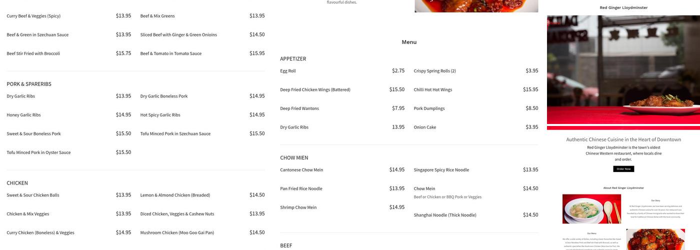 Red Ginger Restaurant Menu