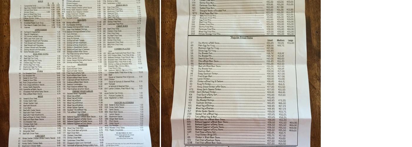 Winter Garden Chinese Restaurant Menu