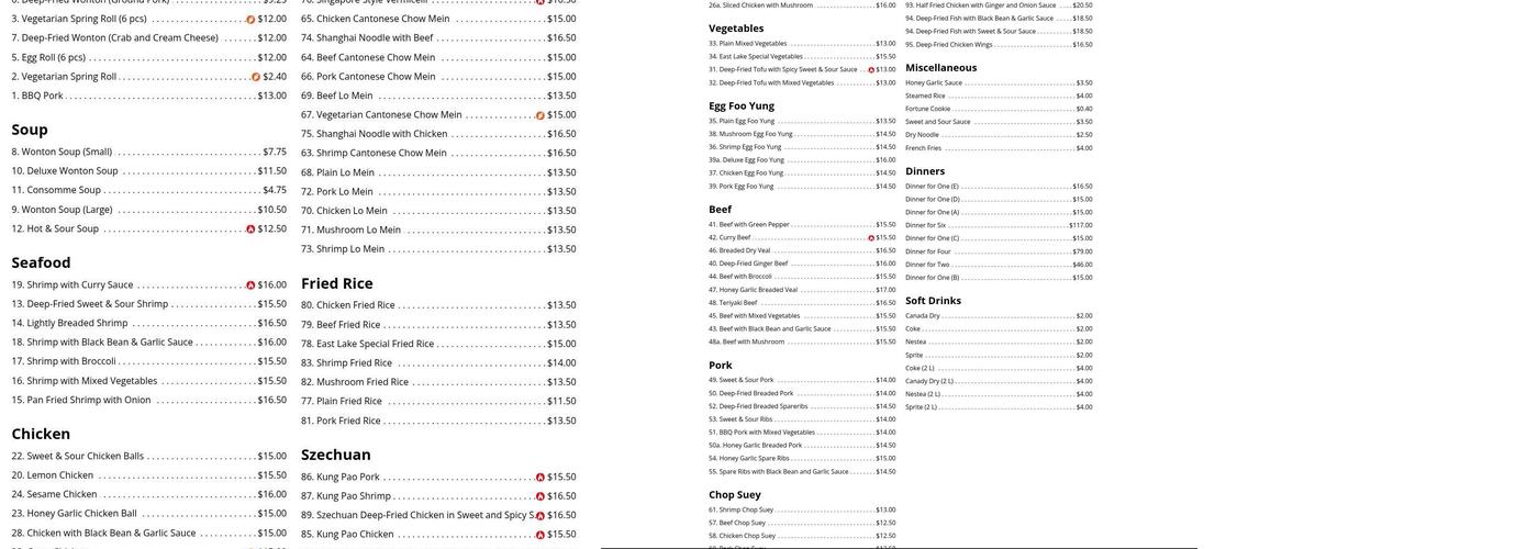 East Lake Chinese Food Menu