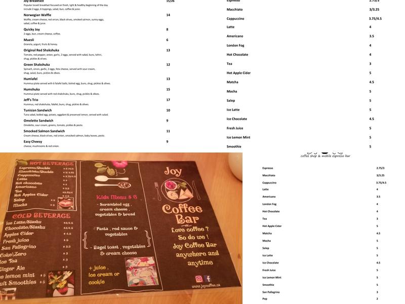 Joy Coffee Bar Menu