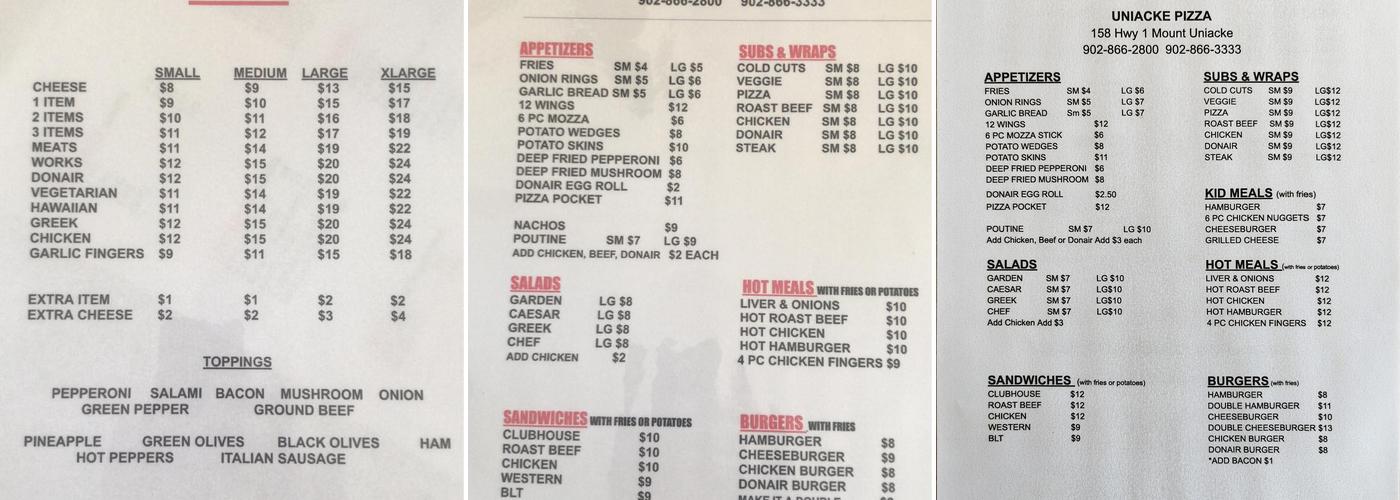 Mount Uniacke Pizza Menu