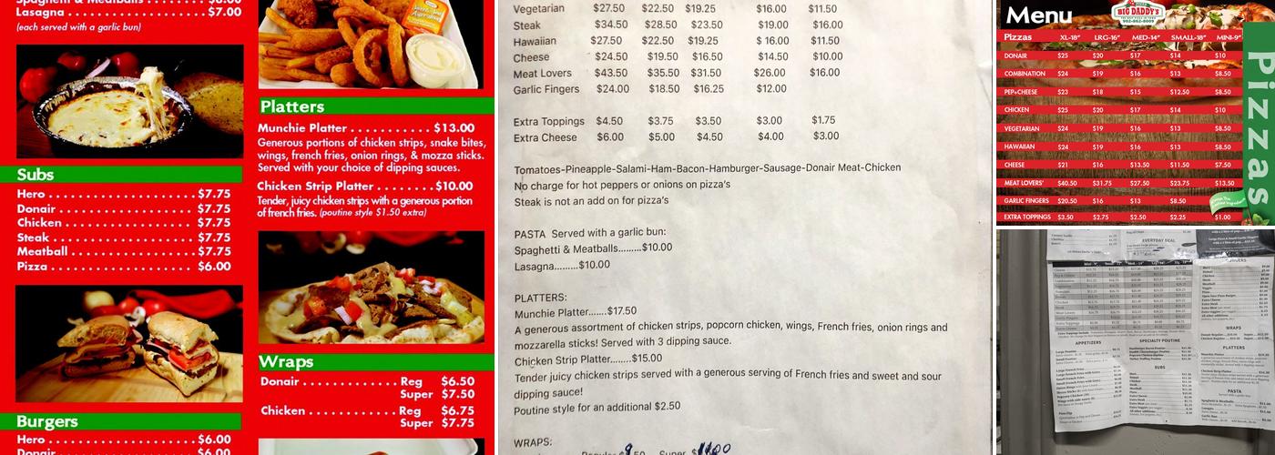 Big Daddy Pizza Menu
