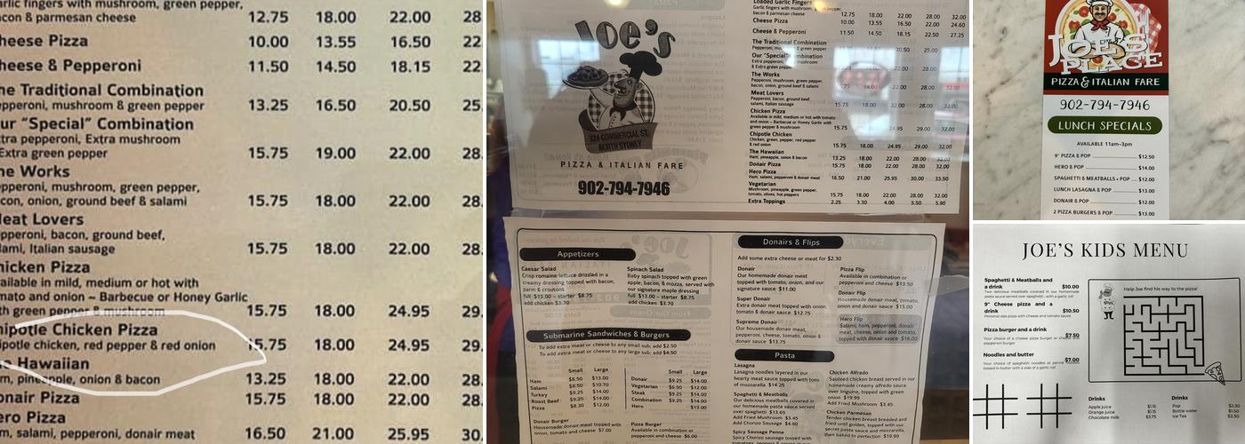 Joes Pizza Menu