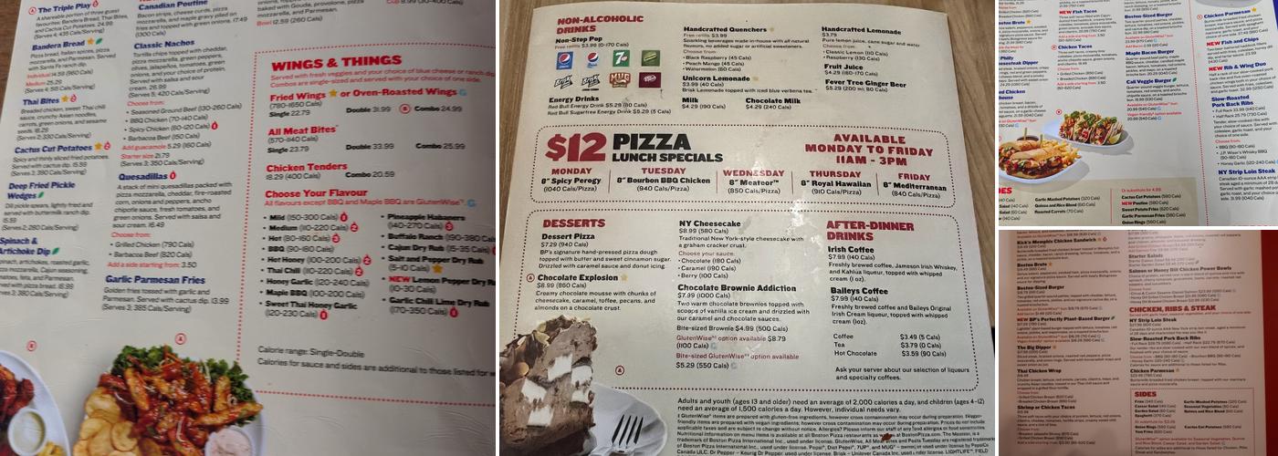 Boston Pizza Menu