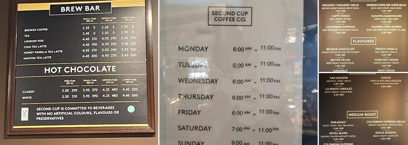 Second Cup Café Menu