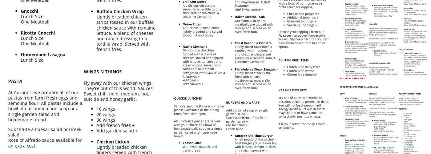 Aurora's Hillside Menu