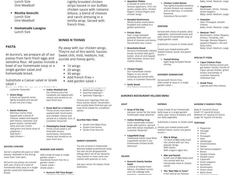 Aurora's Hillside Menu