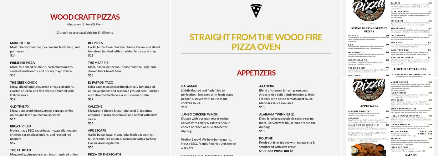 Wood Craft Pizza & Bar Tilbury Menu