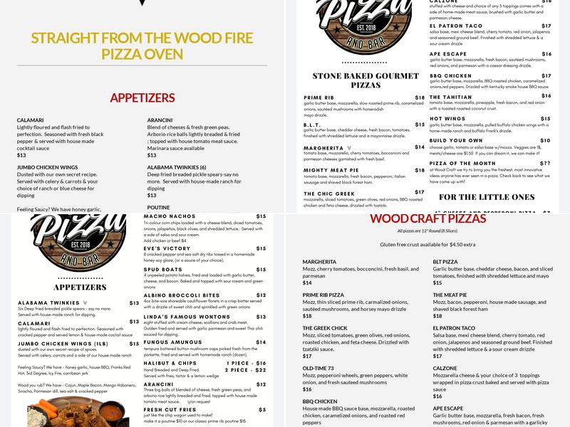 Wood Craft Pizza & Bar Tilbury Menu