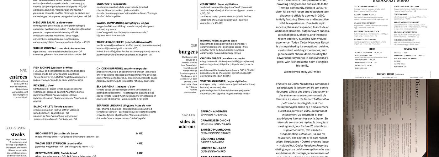 Cedar Meadows Dining Room Menu