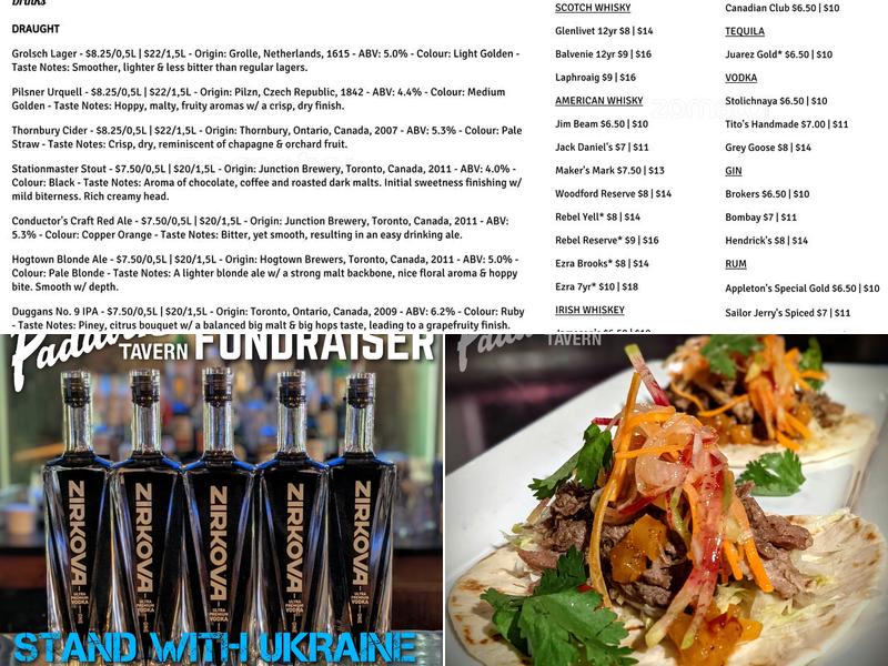 The Paddock Tavern Menu