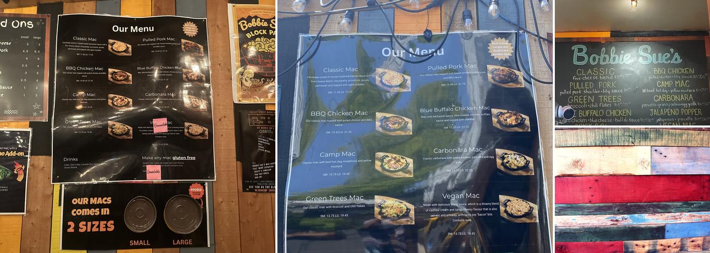 Bobbie Sue's Mac + Cheese Menu