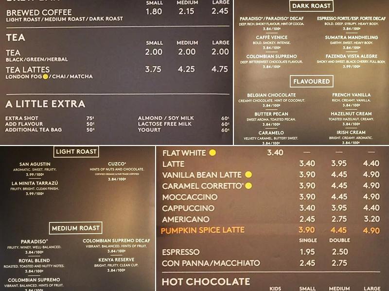 Second Cup Café Menu