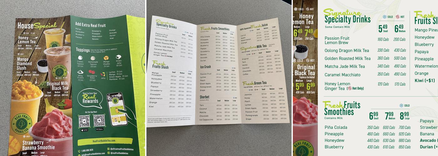 Real Fruit Bubble Tea Menu