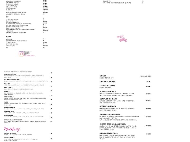 Bang Sue Bar Menu