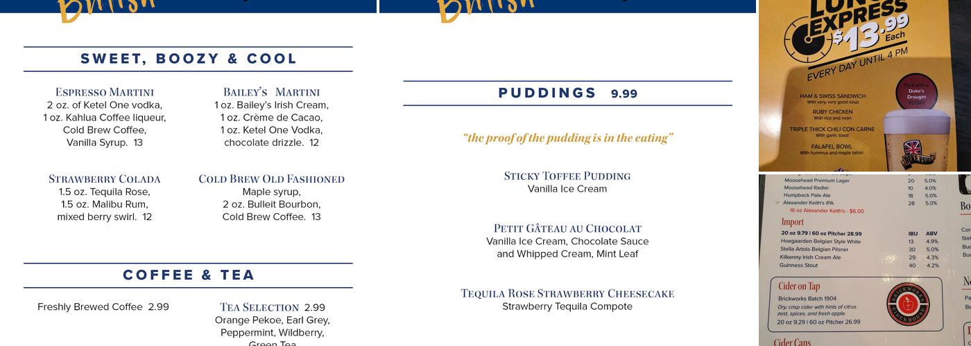 Duke of Cornwall Menu