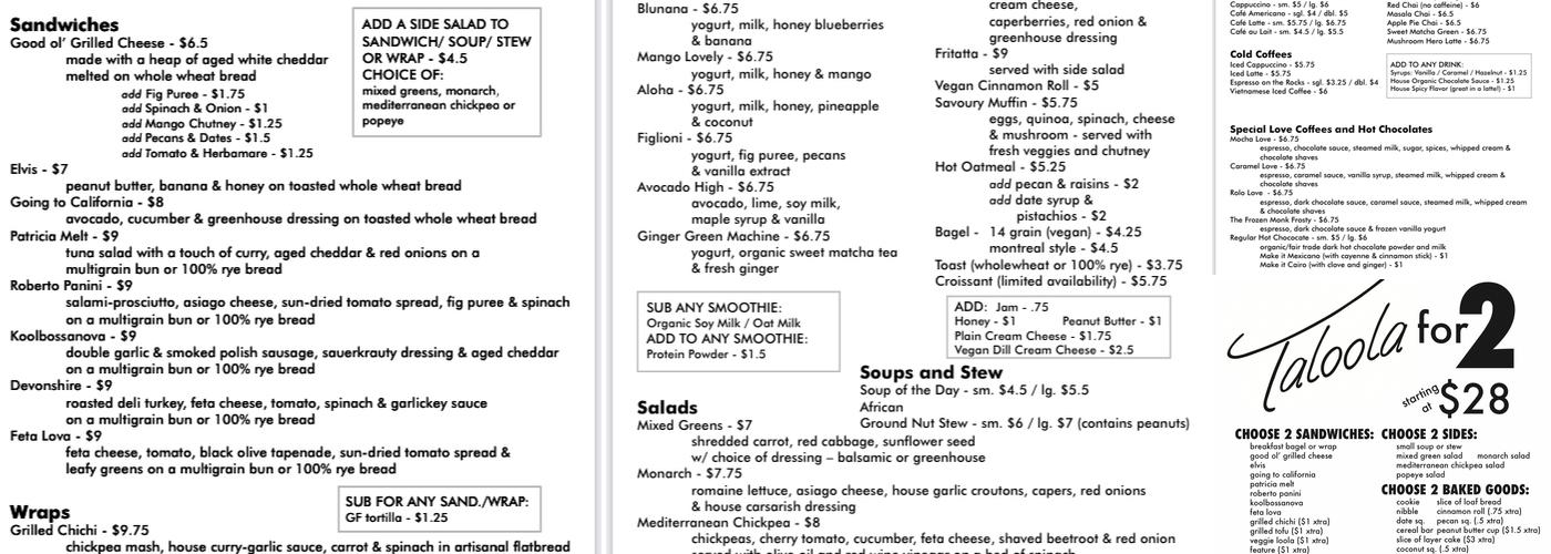Taloola Café Menu