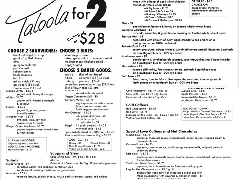 Taloola Café Menu