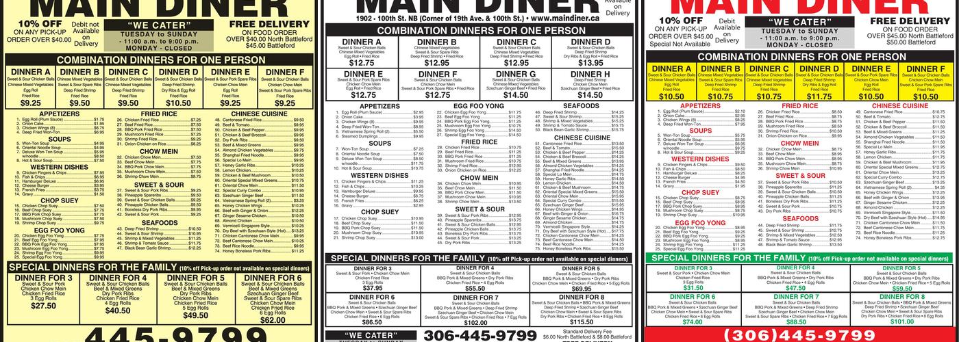Main Diner Restaurant Menu