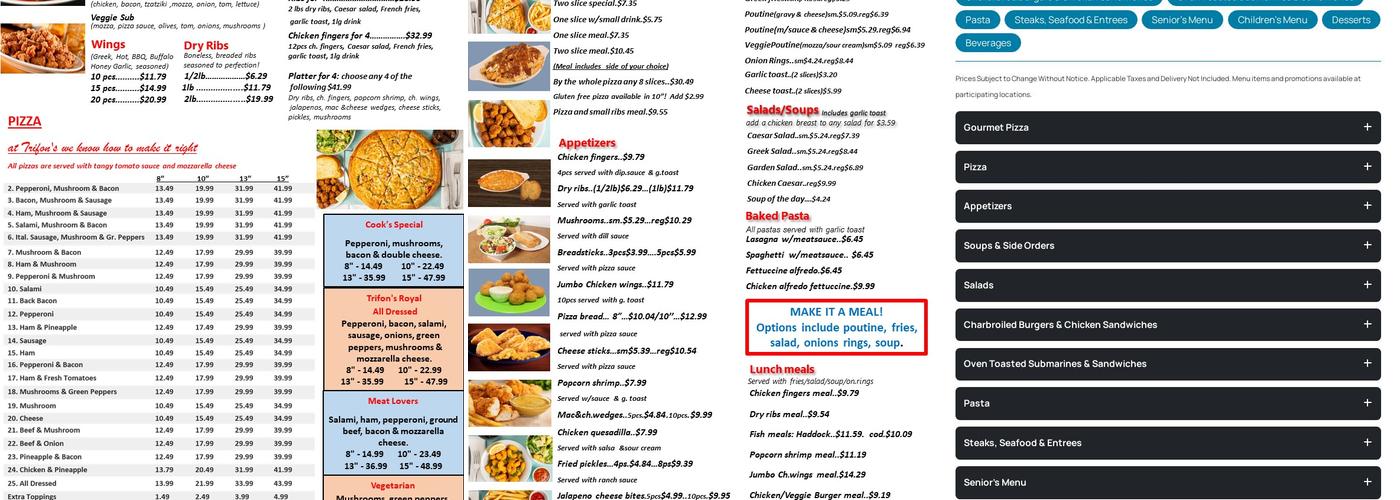 Trifon's Pizza Menu