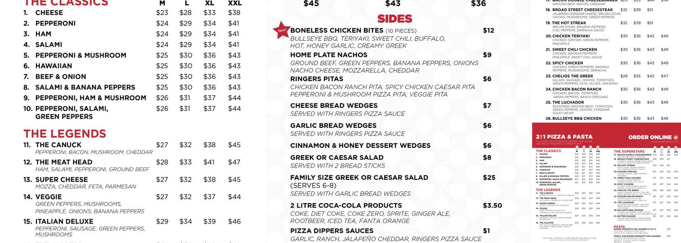Ringers Original Pizza Menu