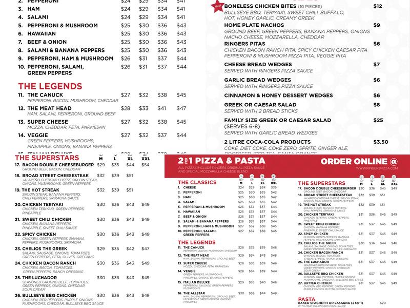 Ringers Original Pizza Menu