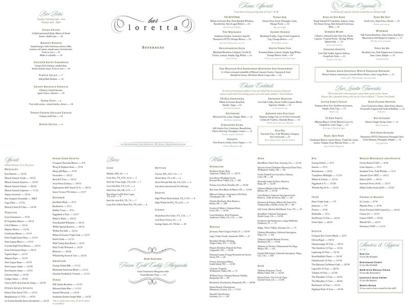 Bar Loretta Menu