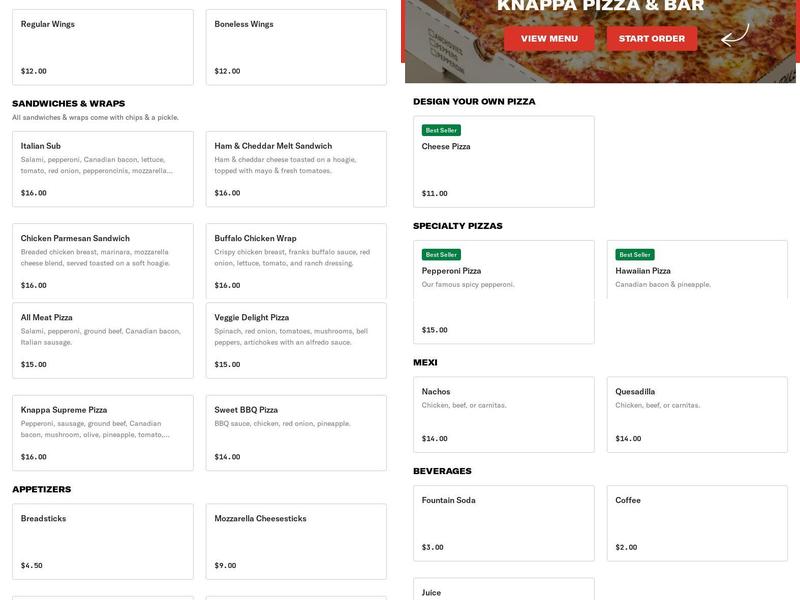 Knappa pizza and bar Menu