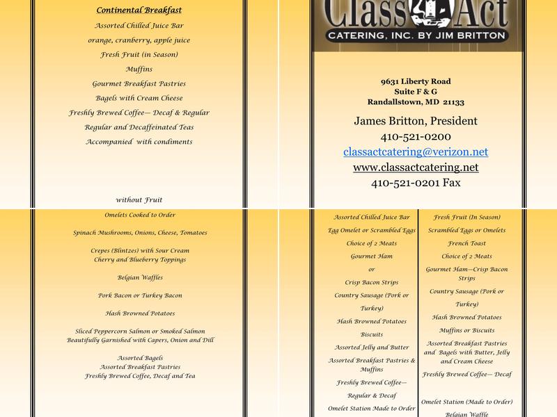 Class Act Catering By Jim Menu