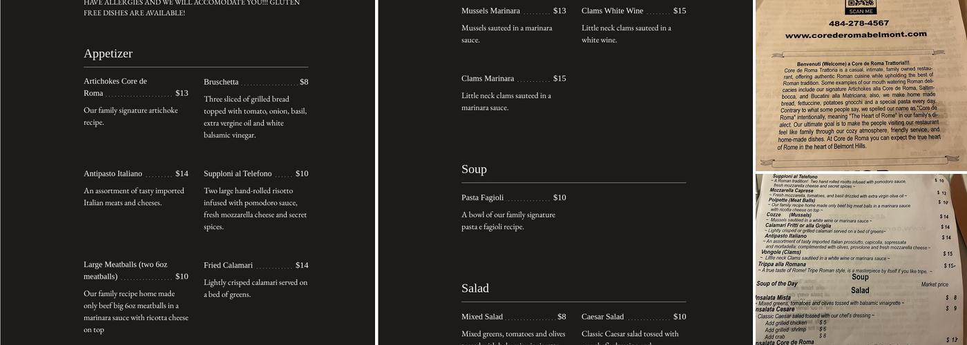 Core de Roma Menu
