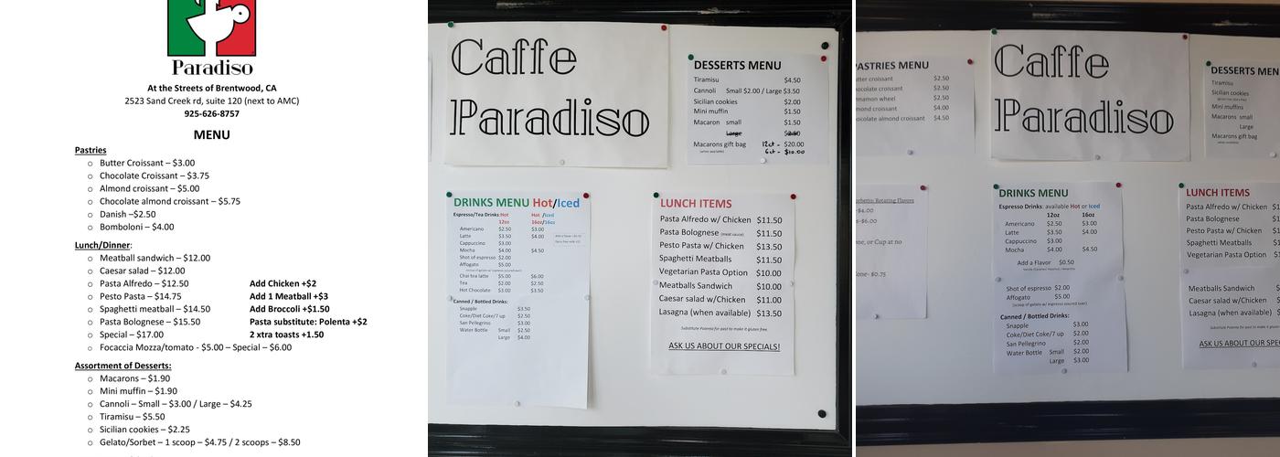 Caffe Paradiso Menu