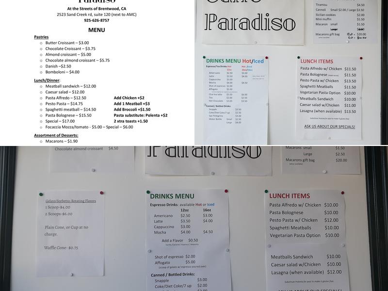 Caffe Paradiso Menu