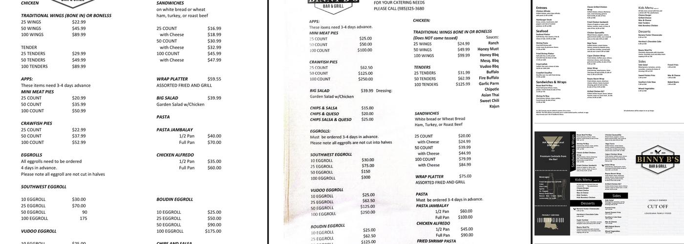 Binny B's Menu