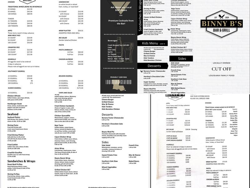 Binny B's Menu