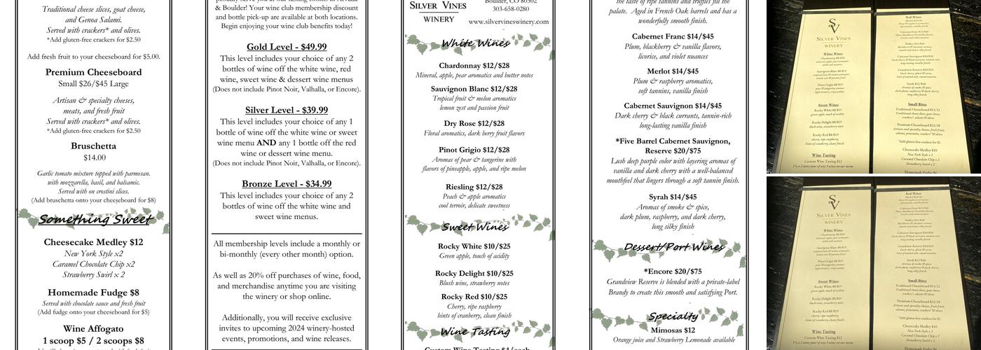 Silver Vines Winery - Boulder Menu