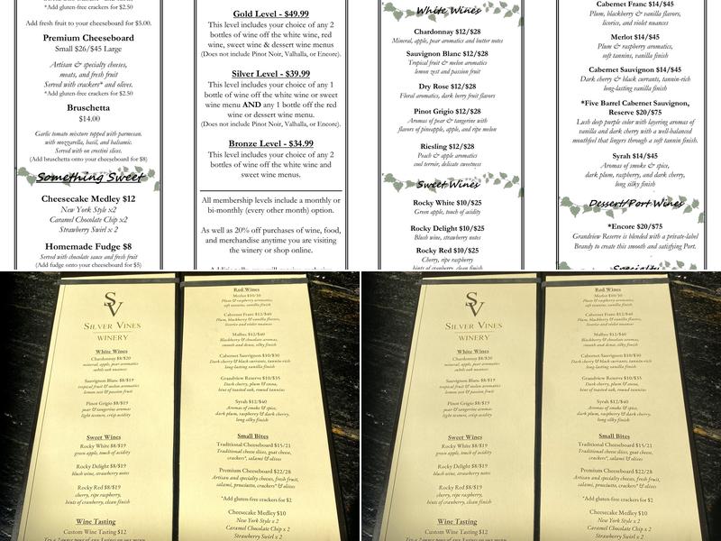 Silver Vines Winery - Boulder Menu