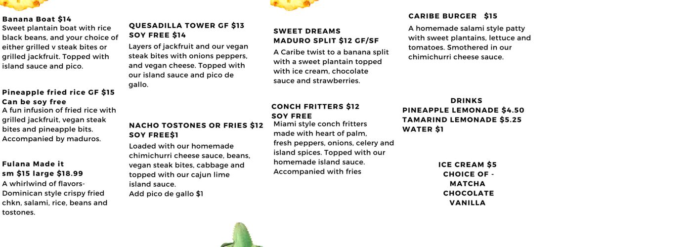The Caribe Vegan Menu
