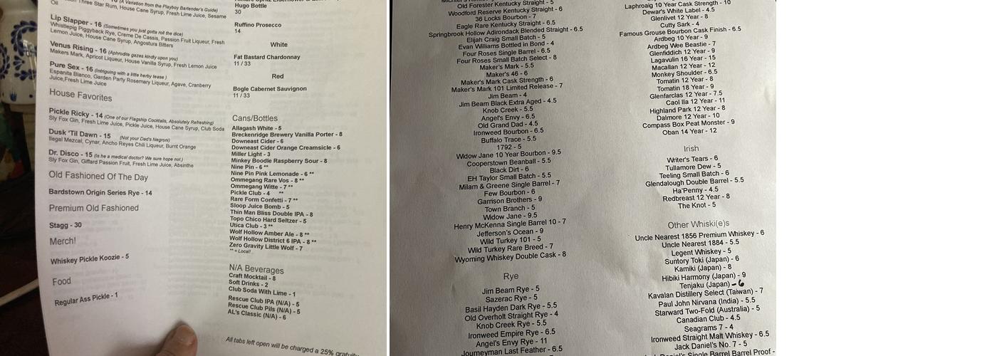 Whiskey Pickle Menu