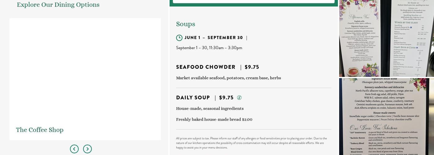 The Dining Room at Butchart Gardens Menu