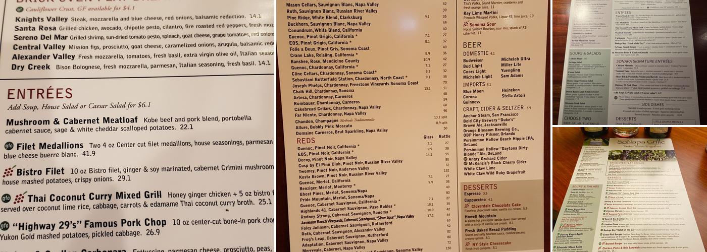 SoNapa Grille Menu