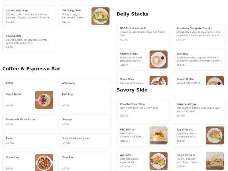 Belly Cake Pancake House Menu