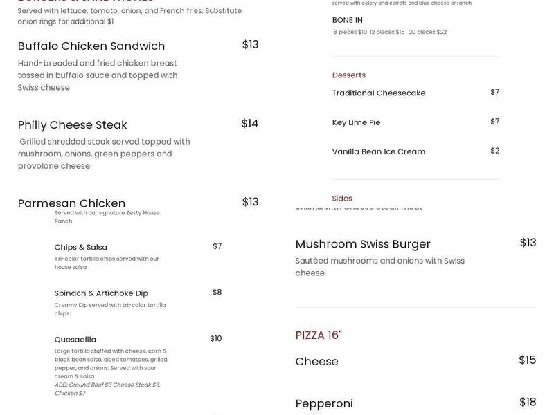 Ivy Park Sports & Grill Menu