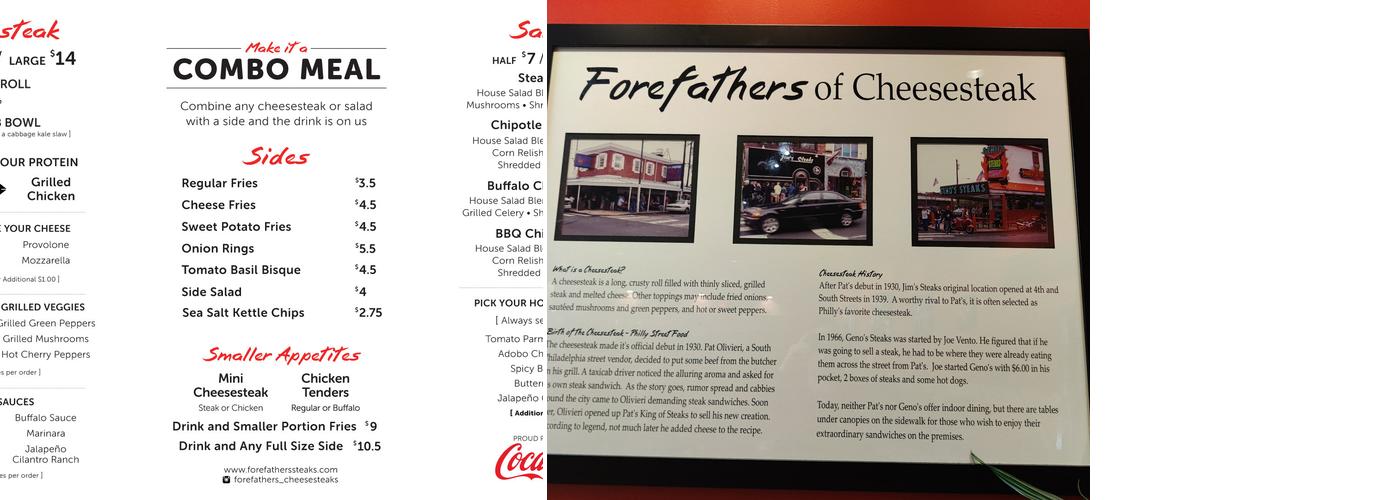 Forefathers Cheesesteaks Menu