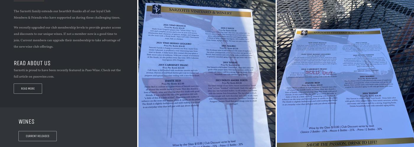 Sarzotti's Vineyard & Winery Menu