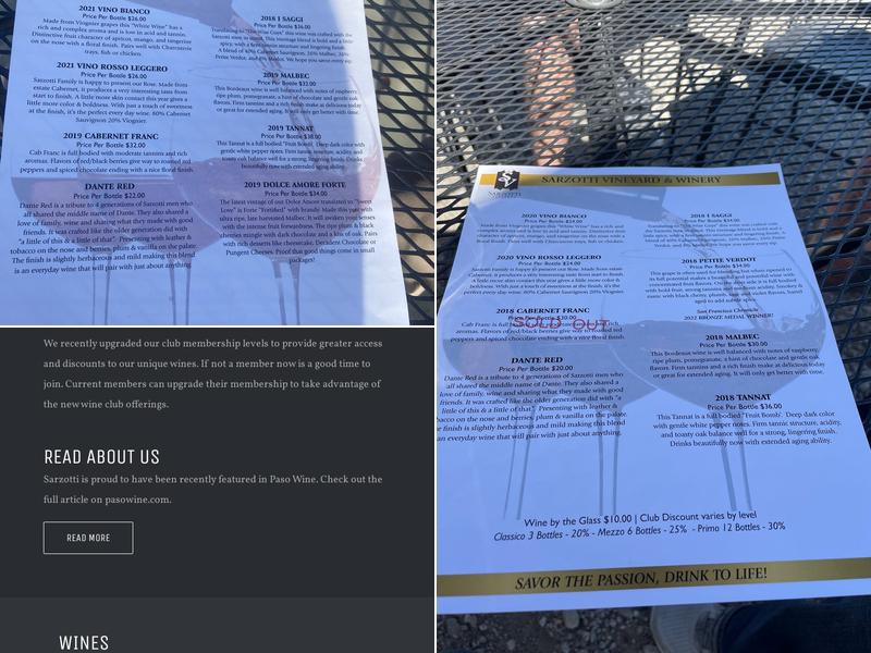 Sarzotti's Vineyard & Winery Menu