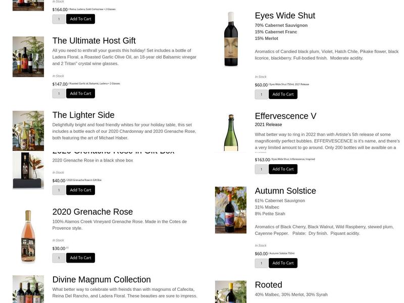 Artiste Winery & Tasting Studio Menu