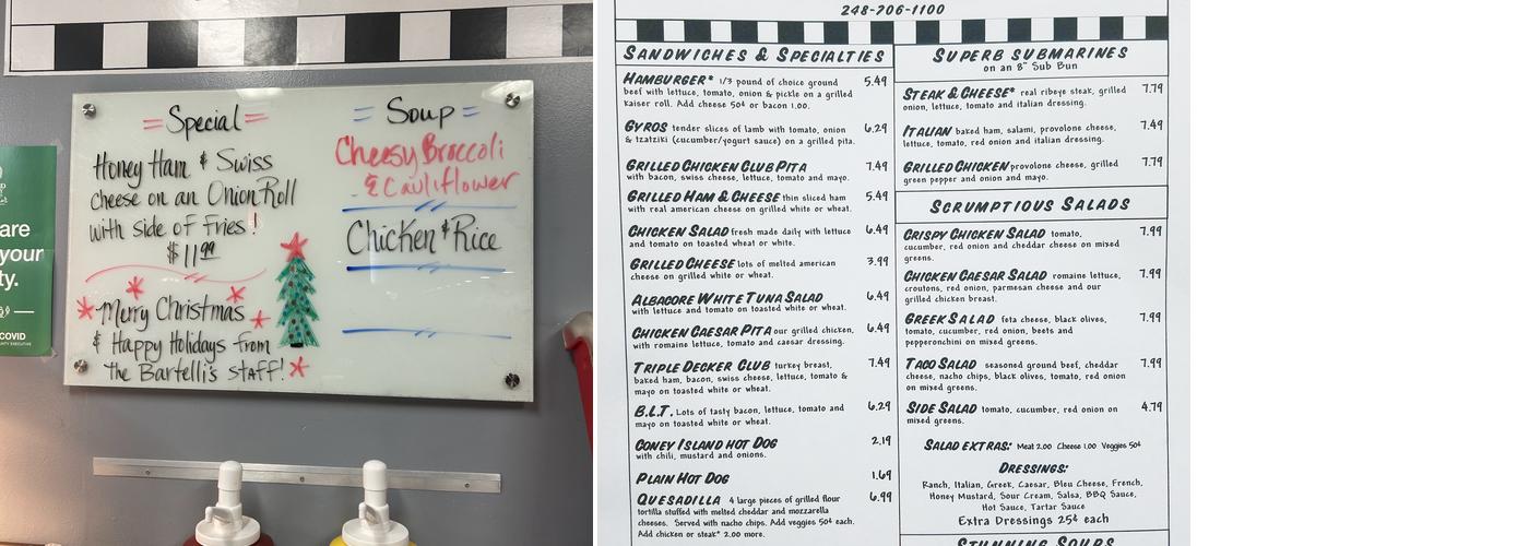 Bartelli's Menu