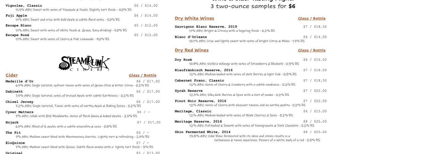 Leonard Oakes Estate Winery Menu