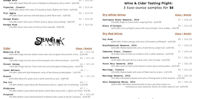 Leonard Oakes Estate Winery Menu