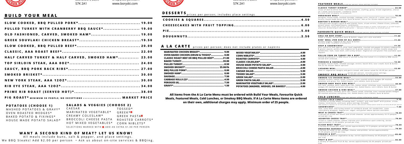 Boryski's Butcher Block Ltd Menu